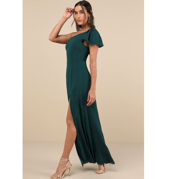 Lulus Simply Brilliant Emerald One-Shoulder Bow Maxi Dress Size Medium New NWT - Picture 3 of 5